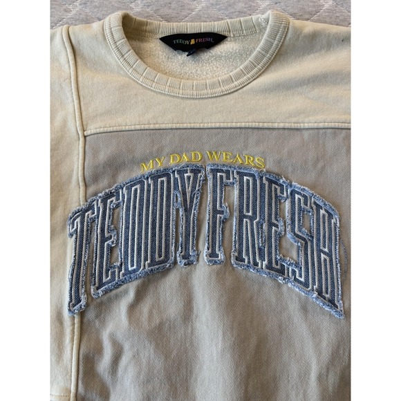 Teddy Fresh Sweatshirt Mens Large Beige Cream Colorblock Crewneck My Dad Wears - Picture 4 of 8